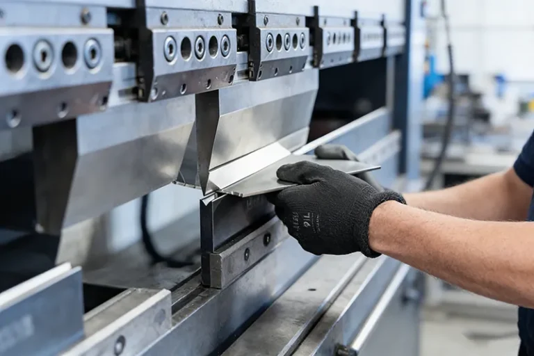 A worker operates a sheet metal fabrication machine