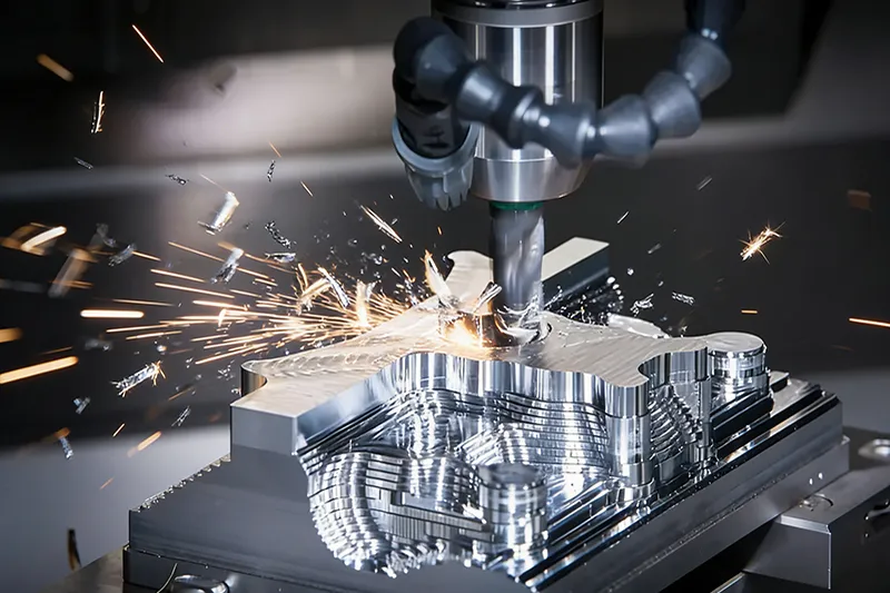 CNC milling machine cutting metal with visible sparks