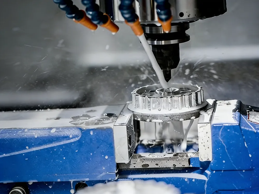 Coolant sprays during CNC milling of a silver metal part