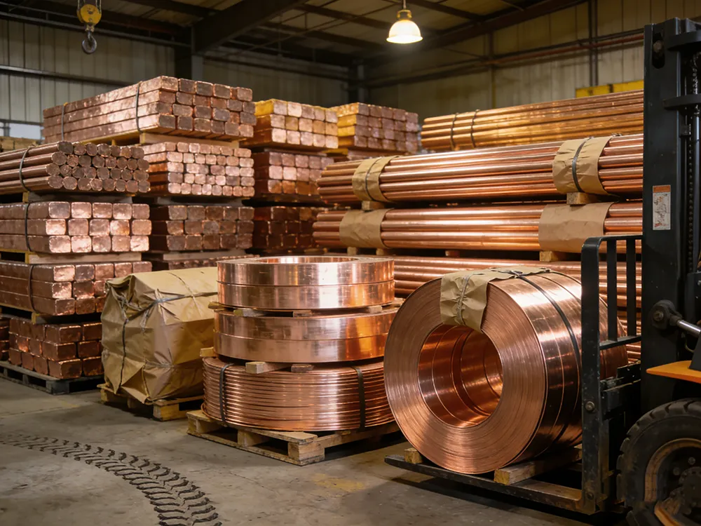 brass raw material bars and coils for melting point analysis in industrial storage