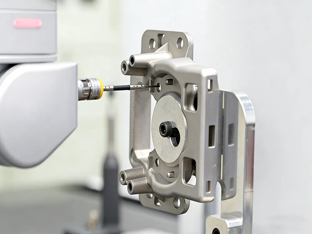 Quality inspection of a CNC machined metal part using precision measuring tools