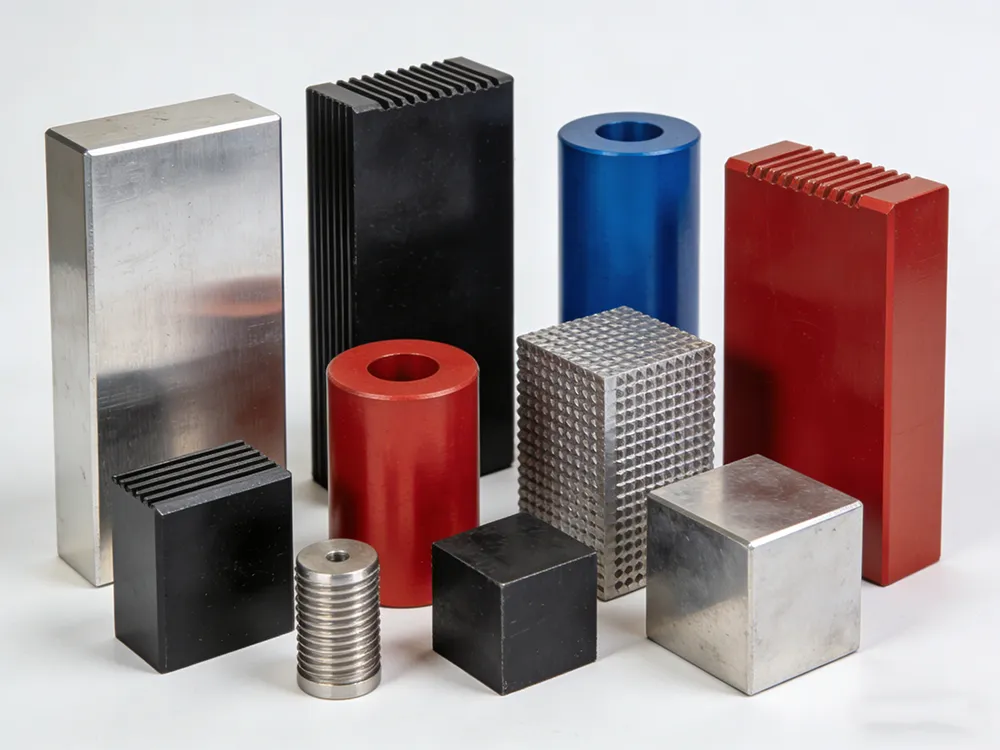 different CNC machining materials in various shapes and colors used for manufacturing precision parts