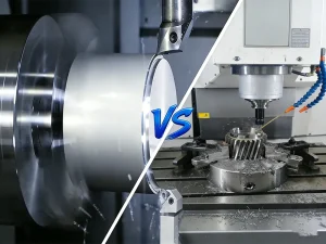 CNC turning vs CNC milling comparison showing lathe machining and milling machine cutting a metal part