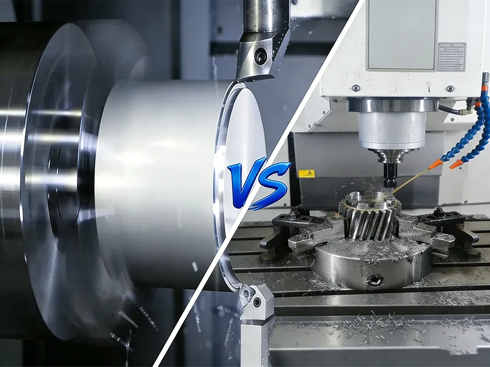 CNC turning vs CNC milling comparison showing lathe machining and milling machine cutting a metal part