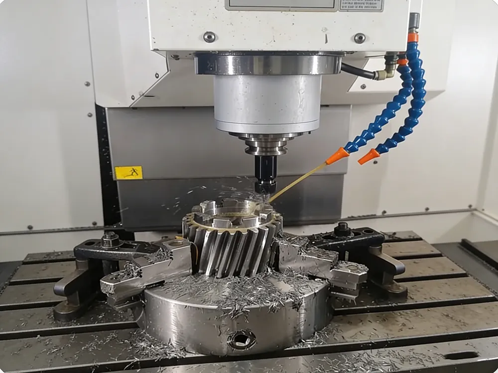 CNC milling machine machining a precision metal gear with cutting tool and coolant