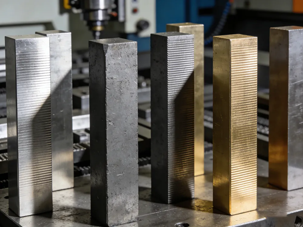 Different metal materials used for CNC milling and turning including aluminum steel and brass blocks
