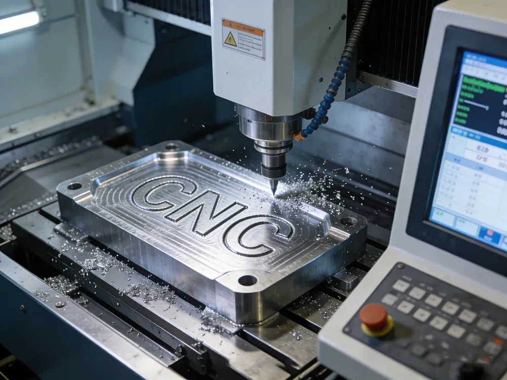 CNC text milling process engraving letters on aluminum surface with high precision