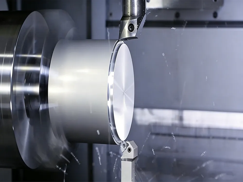 CNC turning process cutting a precision cylindrical metal part on a high speed lathe