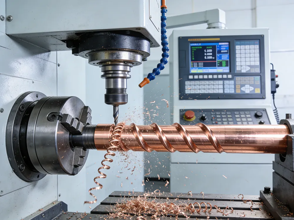 CNC machining process cutting a copper shaft with precision metal drilling