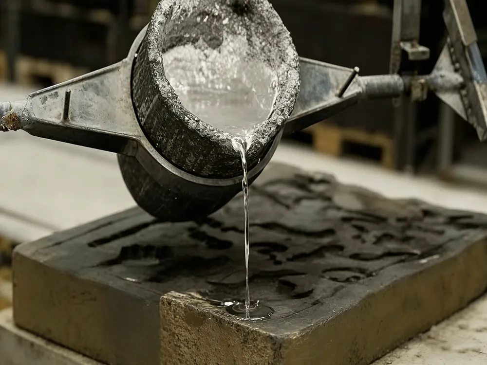 molten silver pouring into mold during metal casting process