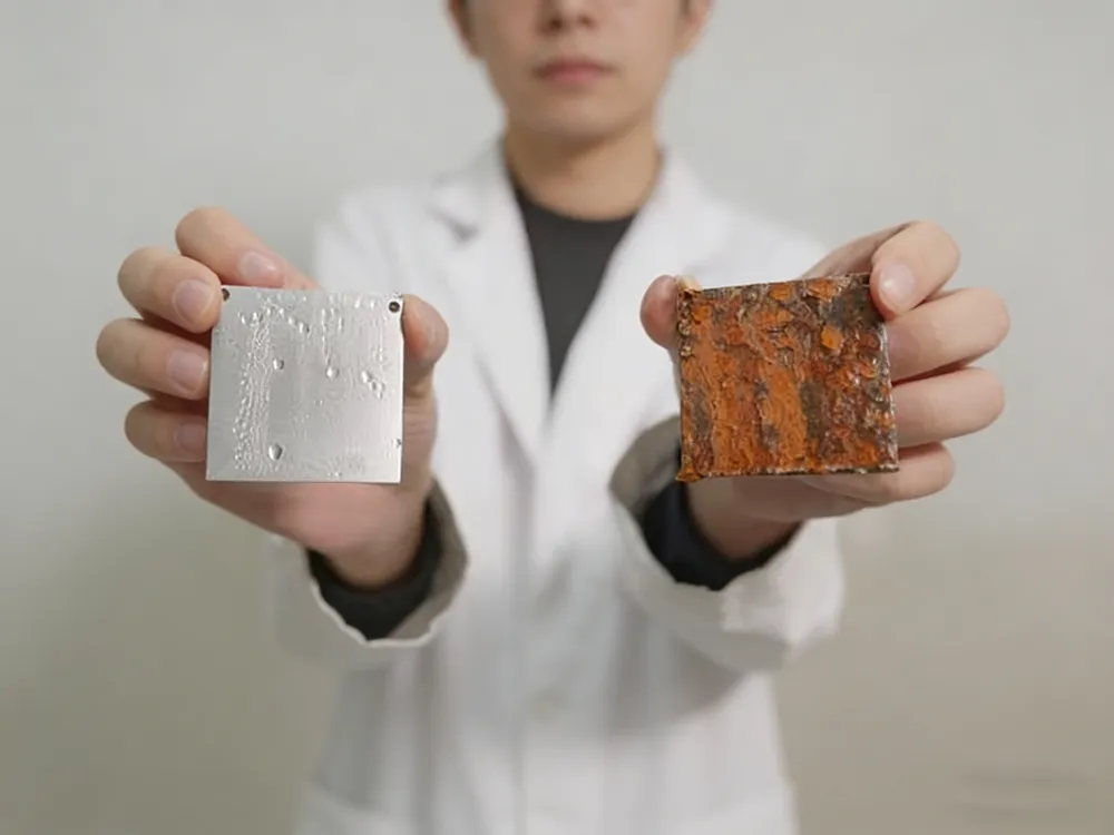 comparison between corrosion-resistant metal and rusted steel surface