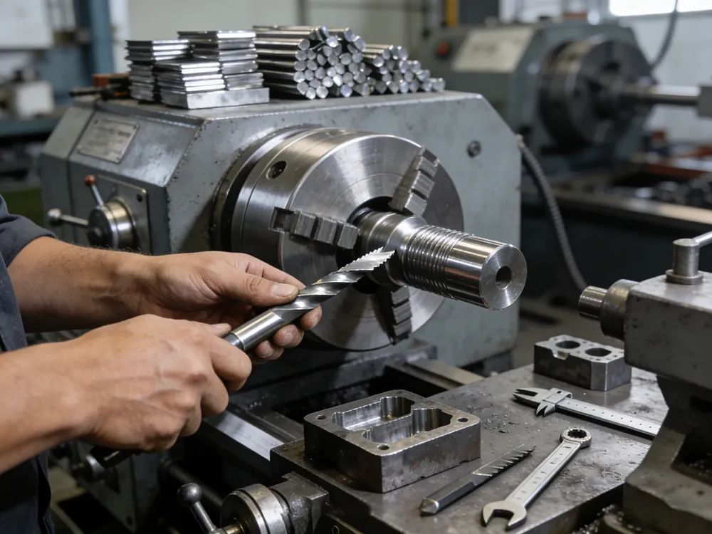 Tool steel used in machining process with cutting tools on industrial lathe