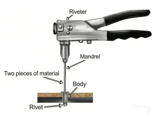 What Is a Rivet: installation diagram showing rivet tool and parts