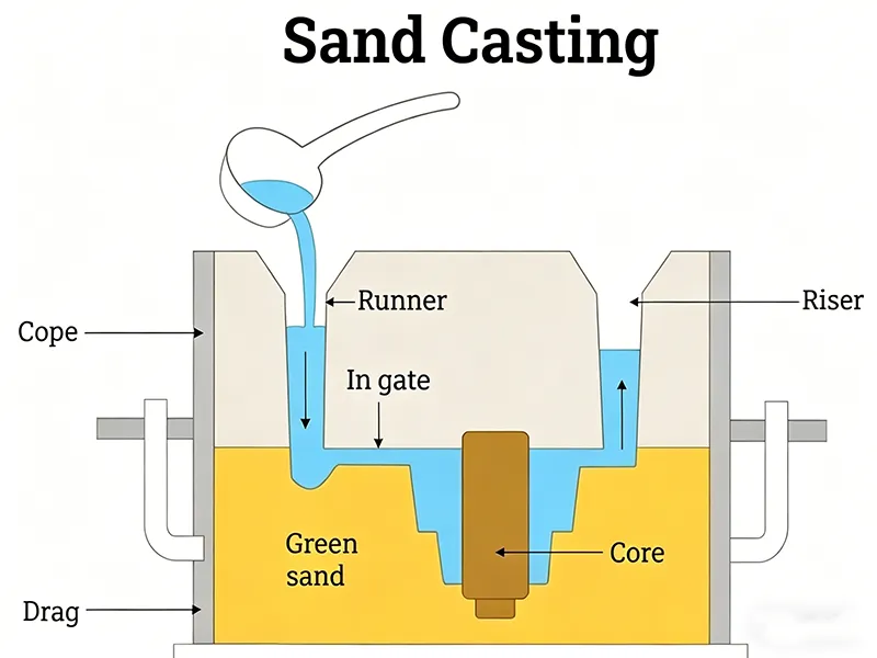 Cast Aluminum sand casting process diagram showing mold cavity runner and riser