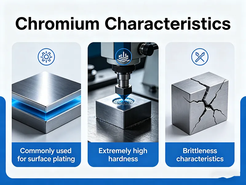 Chromium characteristics showing high hardness and brittleness properties