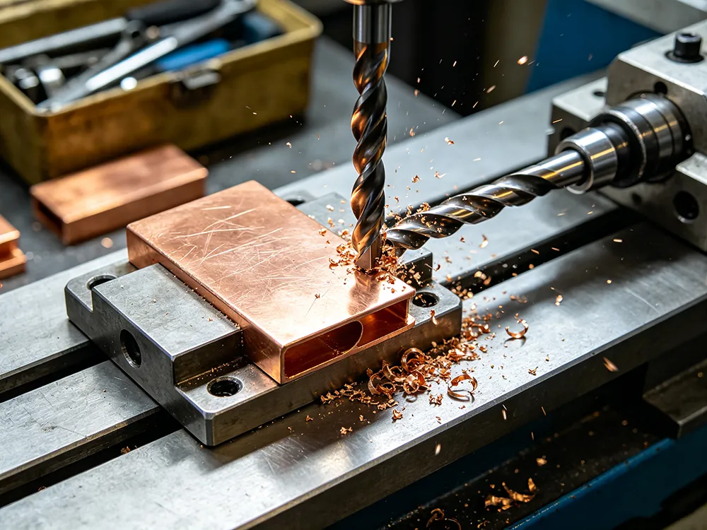Brass vs Bronze vs Copper comparison with CNC machining process on copper metal block