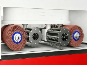 Industrial deburring machine with abrasive brushes for metal parts