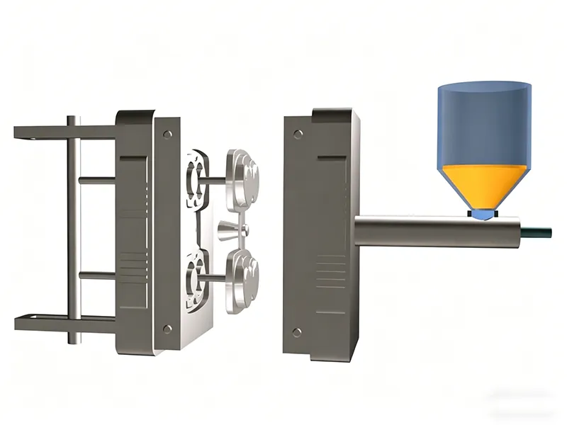 Die casting mold diagram showing cavity opening and metal injection system