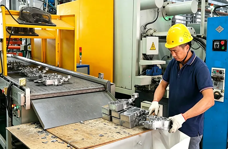 Worker handling aluminum die cast parts in an industrial production workshop
