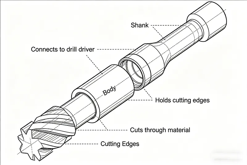 Drill bit parts diagram showing shank body and cutting edges