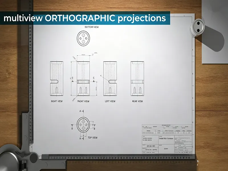 Engineering Drawing showing multiview orthographic projection layout