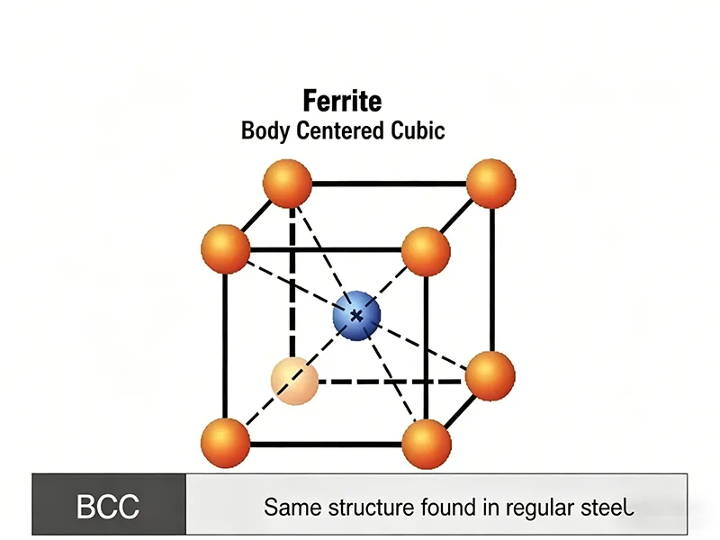 Ferrite body centered cubic structure diagram explaining magnetic behavior in steel