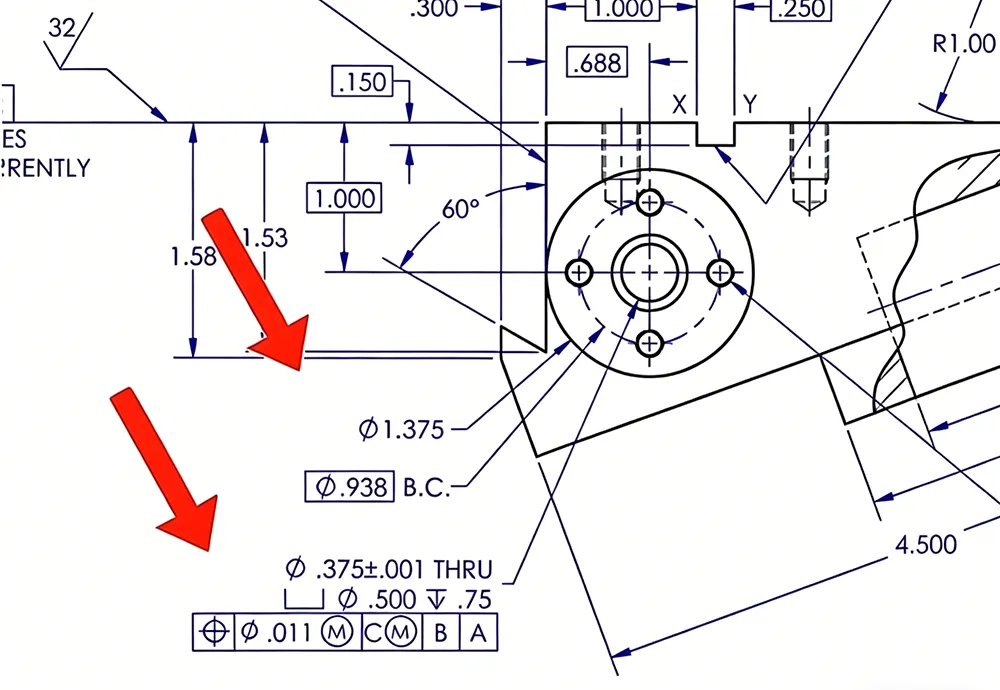 GD&T symbols example on engineering drawing with feature control frame