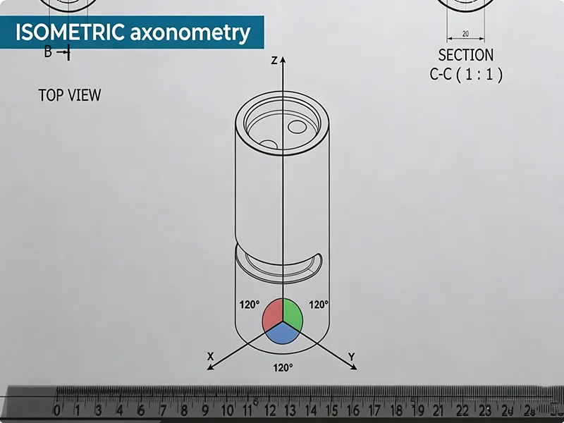 Isometric technical drawing with section view and axis illustration