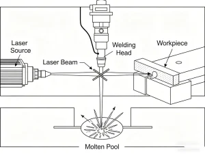 Laser Welding Process diagram showing laser source and molten pool