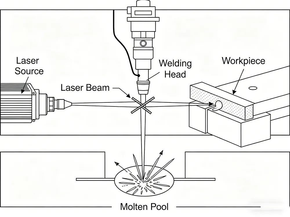 Laser Welding Process diagram showing laser source and molten pool