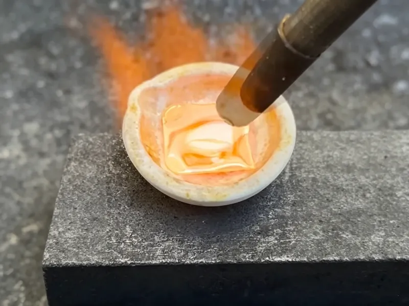 Melting Point of Gold shown by heating molten gold in a crucible
