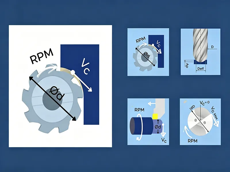 SFM cutting speed diagram showing RPM, tool diameter, and cutting velocity