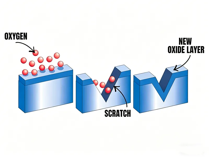 Diagram showing how the passive oxide layer protects stainless steel from corrosion