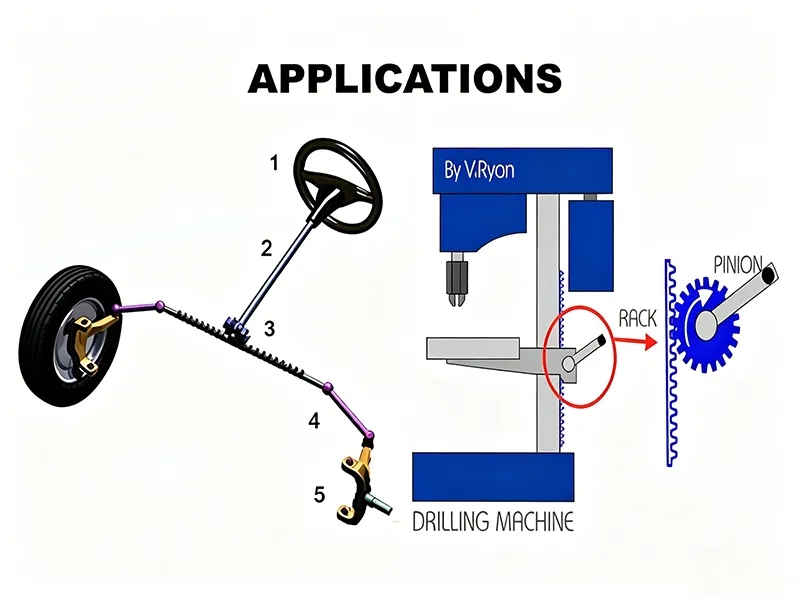 Types of gears applications diagram showing rack and pinion systems