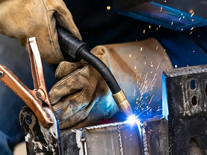 MIG welding process on a steel frame with visible sparks and weld bead