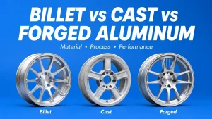 Billet vs Cast vs Forged Aluminum comparison showing three aluminum wheels with different manufacturing methods