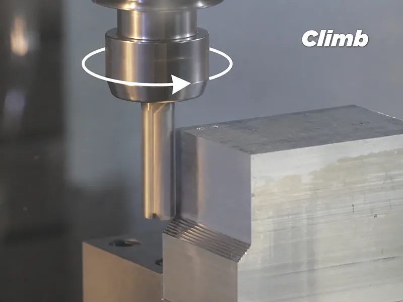 Climb vs conventional milling showing climb milling cutter rotation and feed direction on a metal workpiece