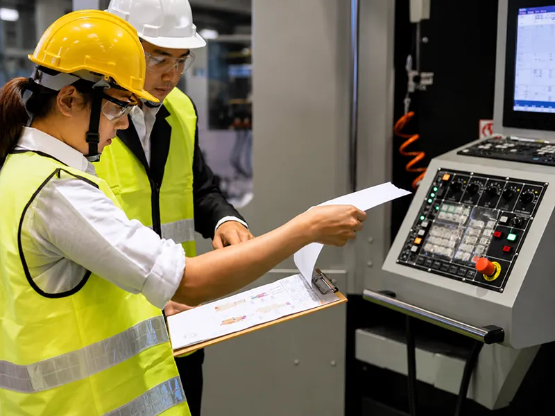 Quality engineers reviewing production documents beside a CNC machine control panel