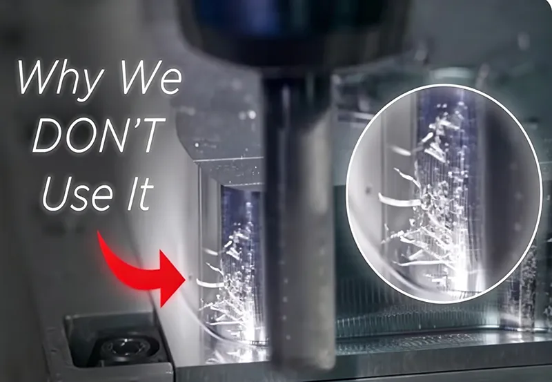 CNC milling operation showing chip buildup and poor cutting conditions on a machined metal surface