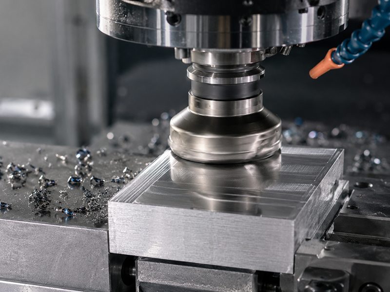 CNC milling machine finishing a flat aluminum block surface with a smooth machined texture