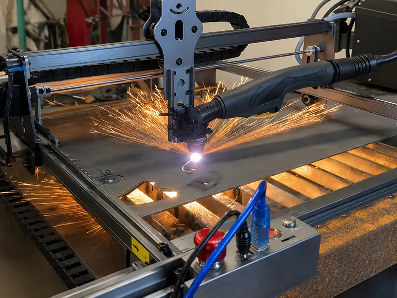 CNC plasma cutter producing sparks while cutting metal sheet