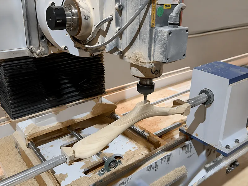 CNC router carving a shaped wooden part with a spindle tool
