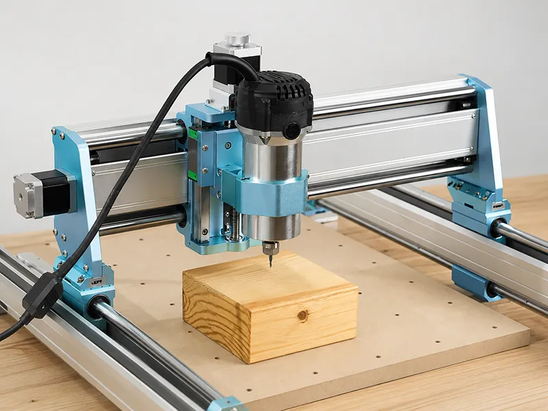 CNC router cutting a wood block on a worktable