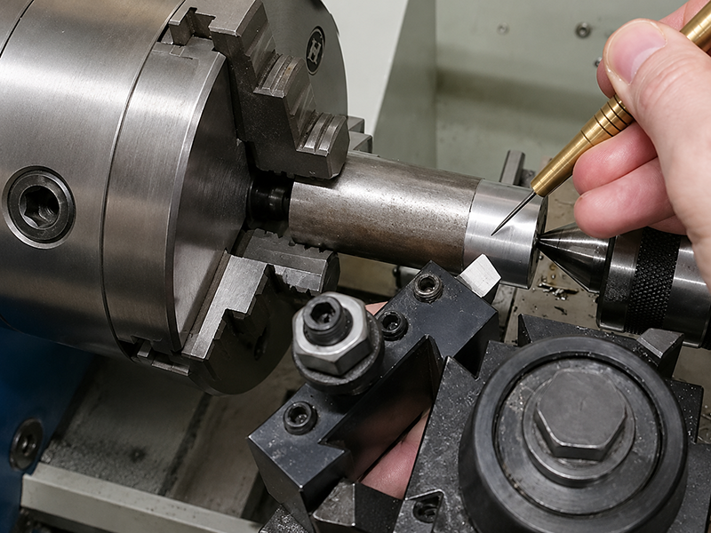 CNC turning process with a finished metal shaft being inspected for precision and surface quality