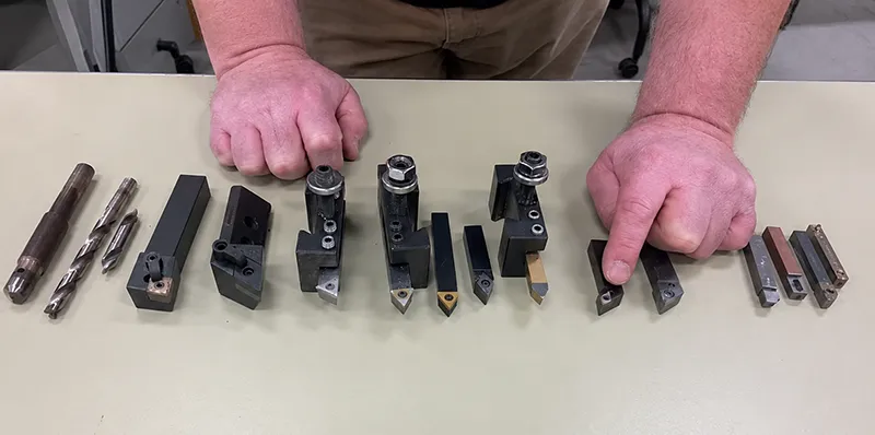 CNC turning tool holders and inserts displayed for different lathe machining operations