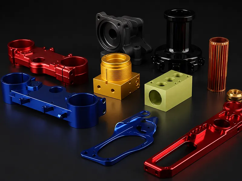 Colorful anodized aluminum machined parts with red, blue, gold, and black finishes