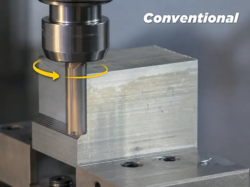 Conventional milling cutter rotation direction on a metal block during CNC milling