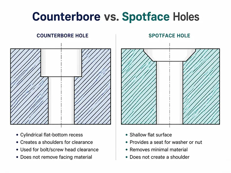 Diagram comparing counterbore holes and spotface holes with different recess depths and seating surfaces