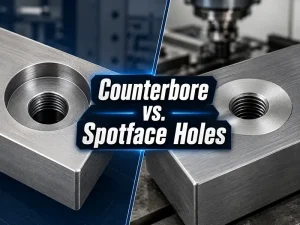 Counterbore vs. spotface holes comparison showing machined recessed holes and flat seating surfaces