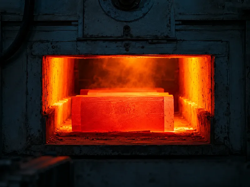 Metal blocks being heated inside an industrial annealing furnace